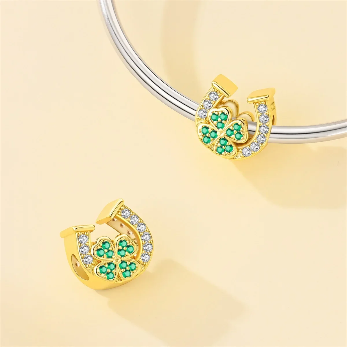 Gold Lucky Charms 925 Silver Zircon Four-leaf Clover Ladybug Beads Horseshoe Wishing Tree Pendant Fit DIY Bracelet Jewelry Gift