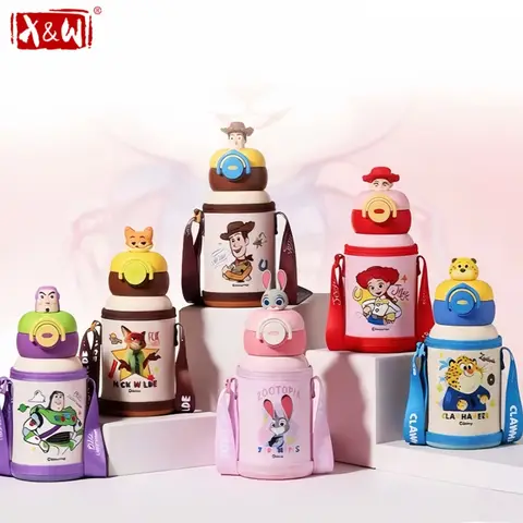 X&W Zootopia 500ML Thermos Mug  Cartoon Judy Nick Pop-Up Lid Straw Cup with Cup Sleeve Leak-proof Outdoor Activities Water Cups