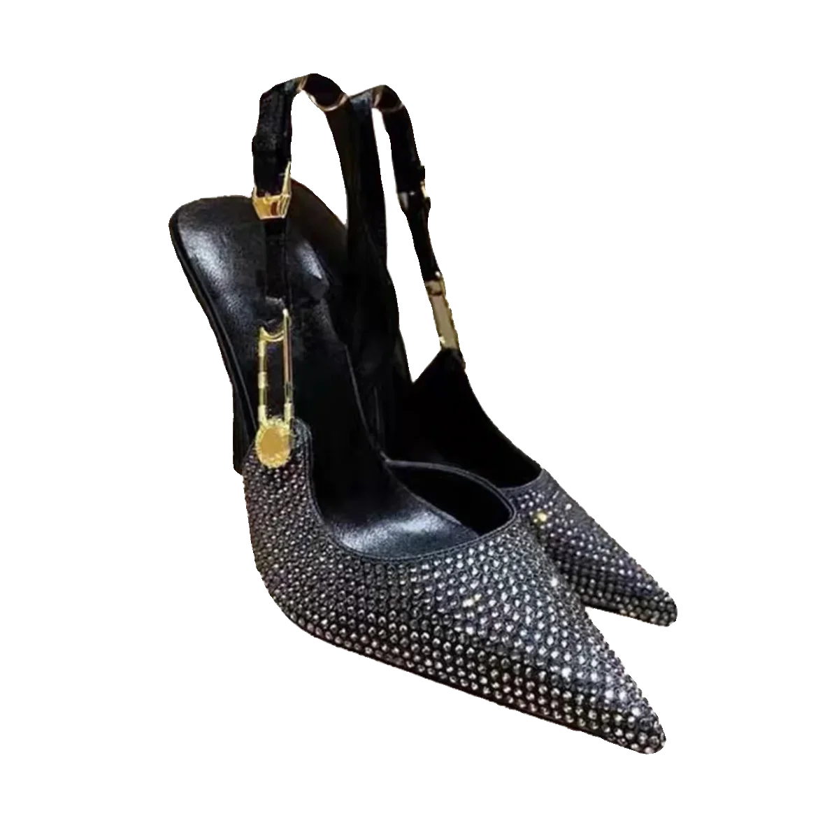 2025 New Spring/Summer Pointed Rhinestone High Heels, Women\'s Black Slim Heels, French Versatile, Sexy Hollow Headed Sandals
