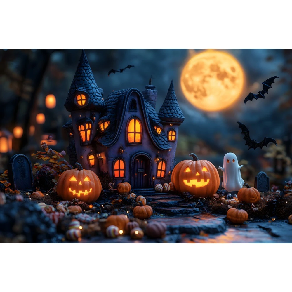 Halloween Night Photography Backbdrop Full Moon Night Ancient Castle Ghost Pumpkin House Scene Kids Portrait Photo Background