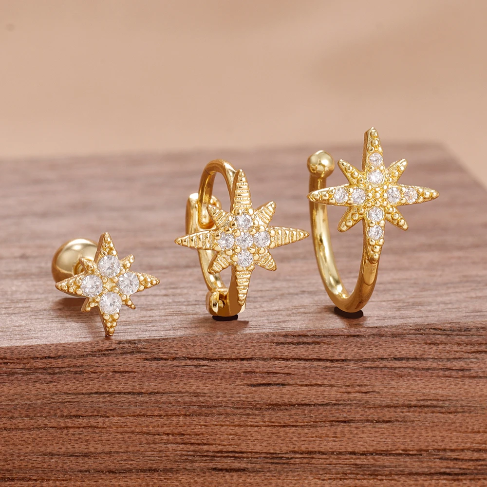 3PCS Koreanische Shiny Zirkonia Stern Clip Ohrring Set Für Frauen Edelstahl Charme Weibliche Süße Ohr Manschette Knorpel Ohrring schmuck