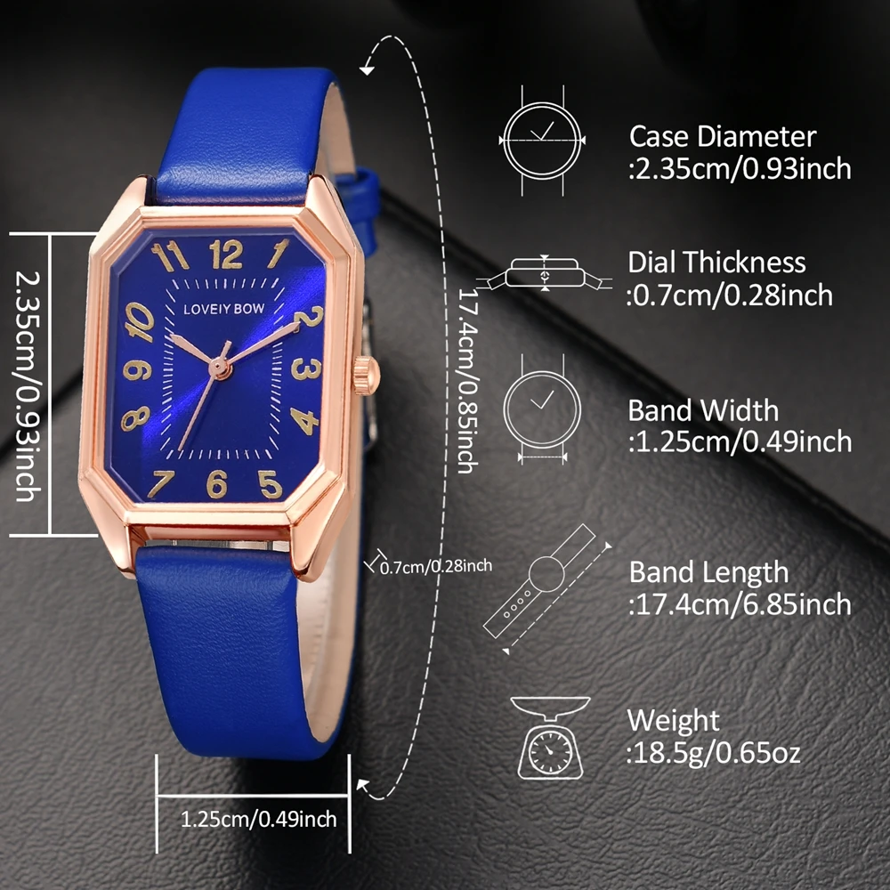 6PCS/Set Blue Women Watch Fashionable Rectangular Dial Quartz Wristwatch PU Leather Strap Watch Square Jewelry Set Gift For Mom