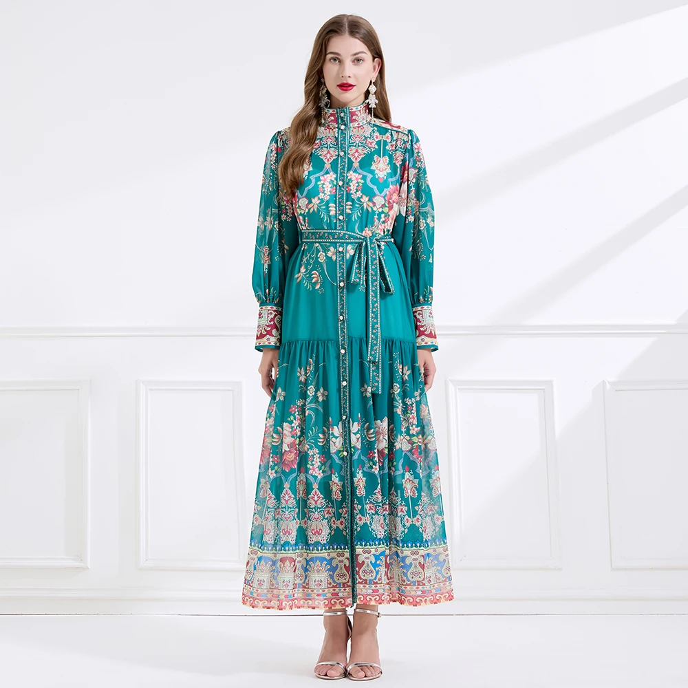 

Spring Summer Holiday Gorgeous Flower Chiffon Dresses Women's Stand Long Lantern Sleeve Belt Floral Print Loose Robe Vestidos