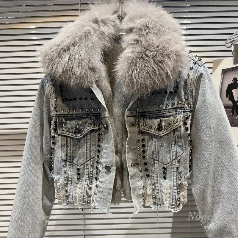 Real Fur Denim Jacket Women 2023 Autumn Fried Street Style Natural Fox Fur Collar + Rabbit Fur Liner Warm Rivet Short Jean Coat