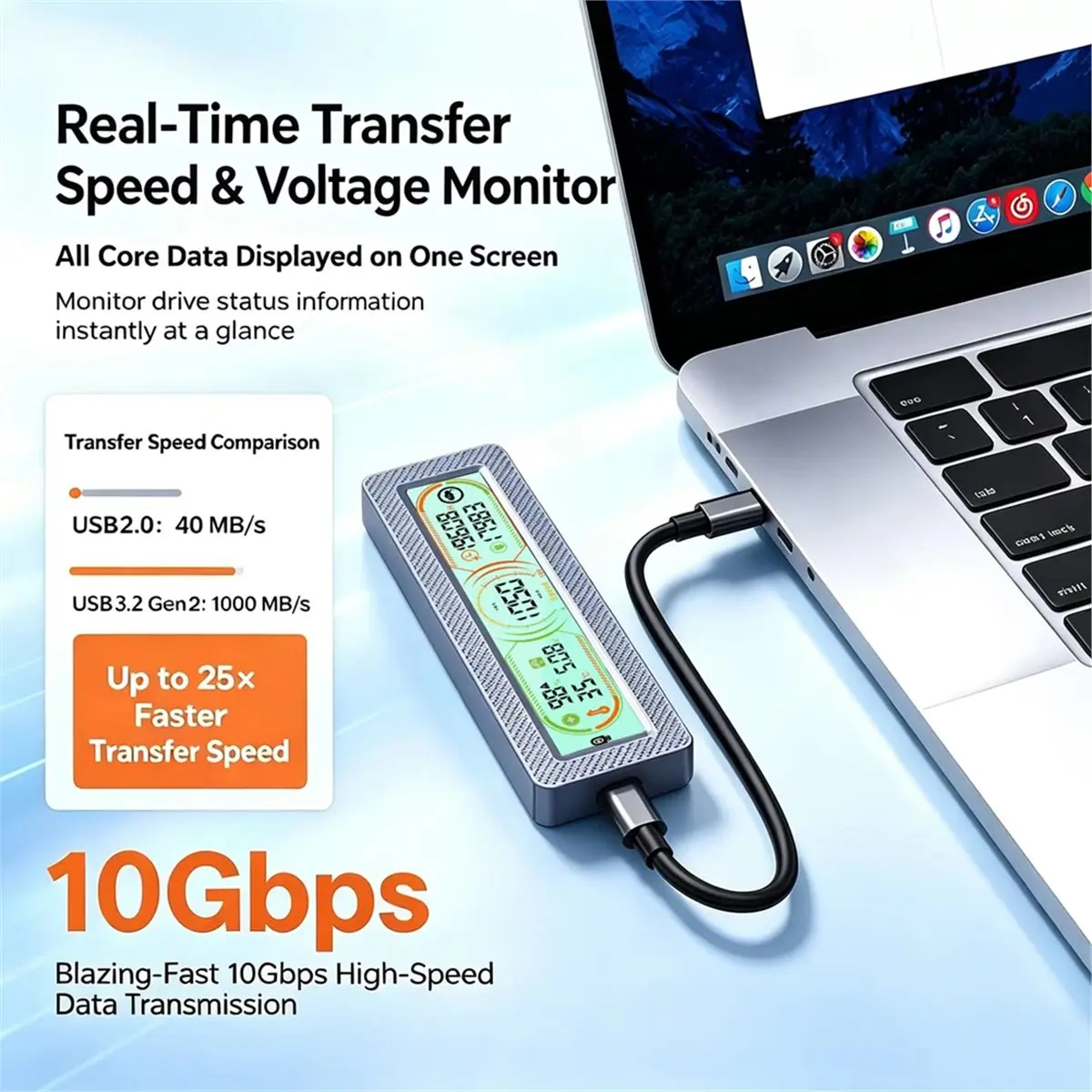 M.2 SSD Enclosure with Smart Display,Real-Time SSD Health Monitor, Type-C3.2 Gen 2 10Gbps, NVMe PCI-E & SATA