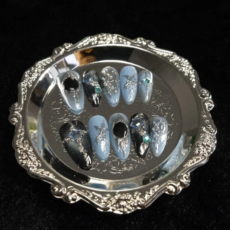

10PCS Sweet Cool Ins Blue Almond Press on Nails Black Cat Eye with Metallic Silver Patterns French False Nails Wearable Handmade