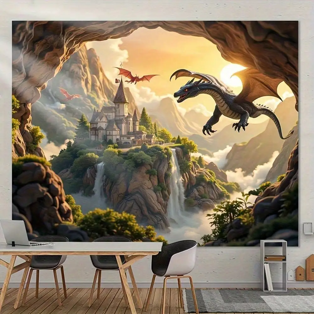 Tapisserie Château du Dragon - Décoration murale Paysage fantastique, Art mythique épique, Salon, Chambre à coucher, Plusieurs tailles