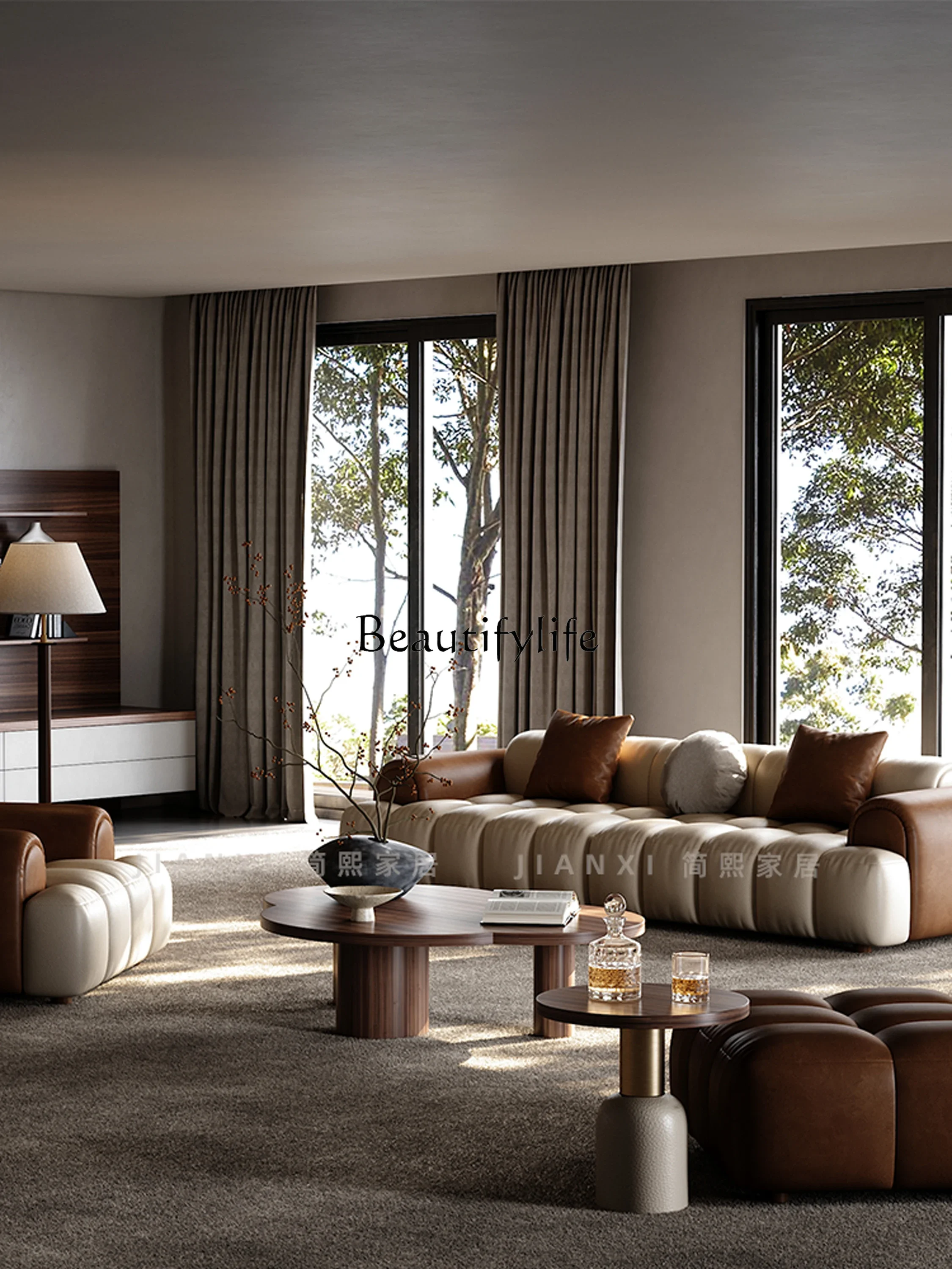 N Retro Italian Minimalist Leather Sofa Living Room First Layer Cowhide Pull Buckle Color Matching Piano Keys Sofa