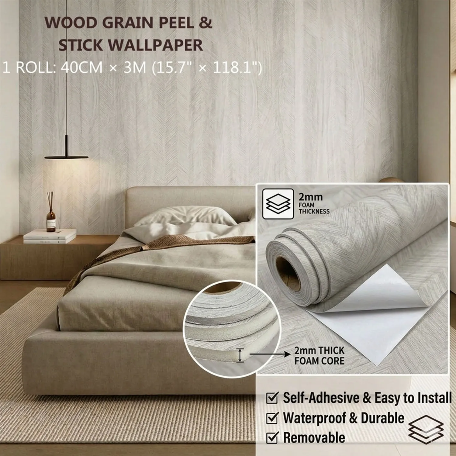 1 roll Faux Wood thick foam imitation self-adhesive wallpaper bedroom wallpaper bathroom waterproof Oil-Resistant wall sticker