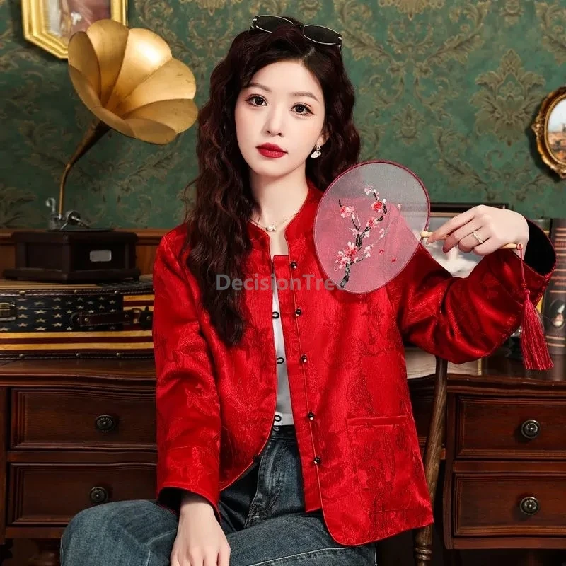 Spring Classical reversible jacquard chinese style tang suit top red black stand collar disc buckle coat daily leisure coat