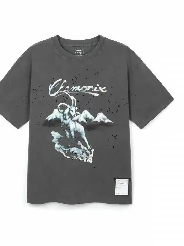 Satisfy MothTech Dark Grey Washed Old Ripped Design Short Sleeve T-Shirt