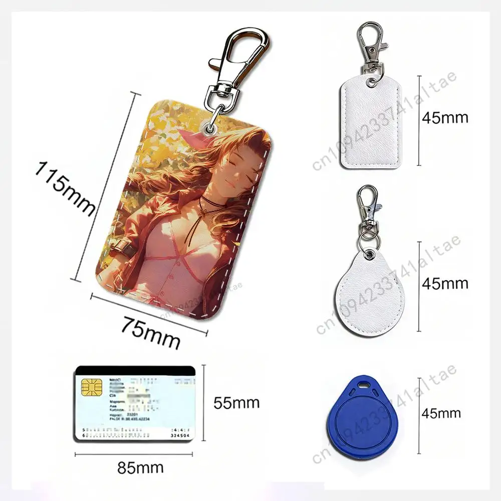 F-Final F-Fantasy Aerith Gainsborough Rectangle Card Case Keychain Access Card Bag Key Tag Ring Leather Card Holder Ring Access