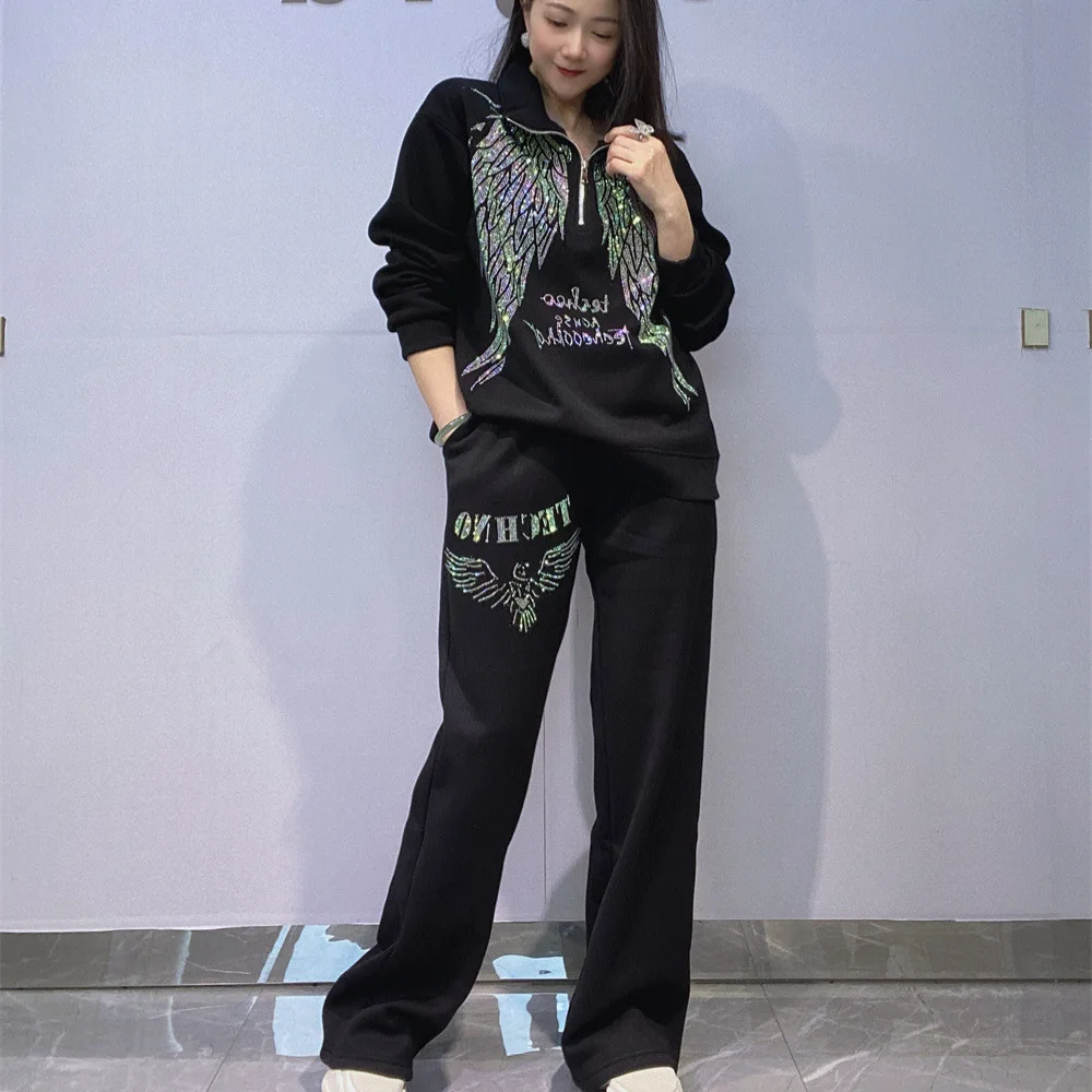

Trendy Autumn Winter Thicken Fleece Hoodie Women Sets Shiny Wings Diamonds Loose Pullover Top + Elastic Waist Straight Pants