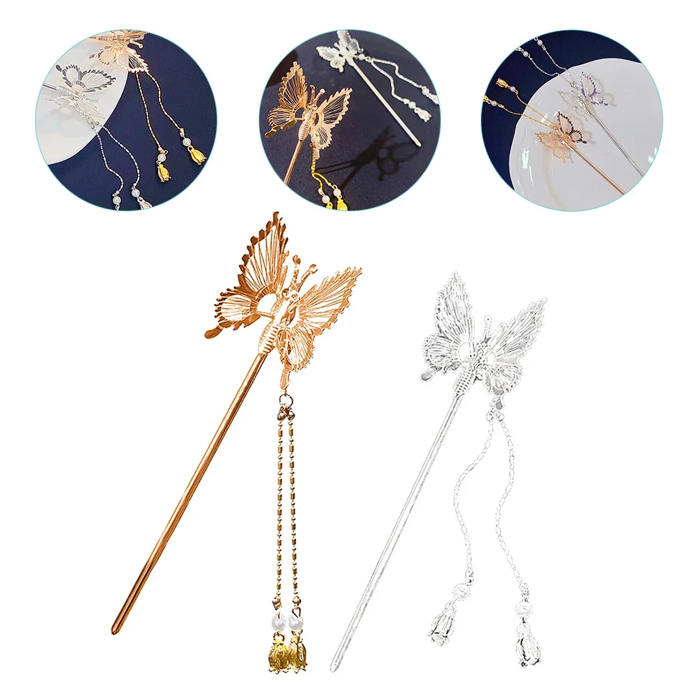 2 Pcs Butterfly Hairpin/Hair Accessories Tassel Clip Bun Sticks for Women Alloy Headdress Miss