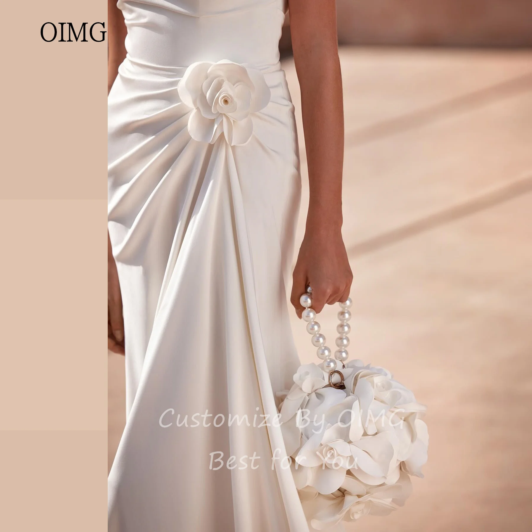 OIMG Sexy Ivory Mermaid Wedding Dress Strapless with 3D Flower Bride Dresses Side Split Floor Length Wedding Gowns Customized