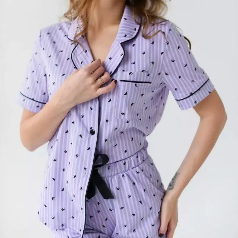 

New Women's Purple Striped Heart Print Pajama Set Short Sleeve Button-Down Loungewear with Belted Shorts Soft Sleepwear
