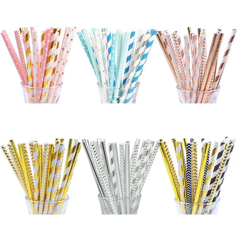 25/50pc Multicolor Rose Gold Silver Pink Blue Foil Star Heart Striped Paper Drinking Straws For Wedding Birthday Christmas Decor