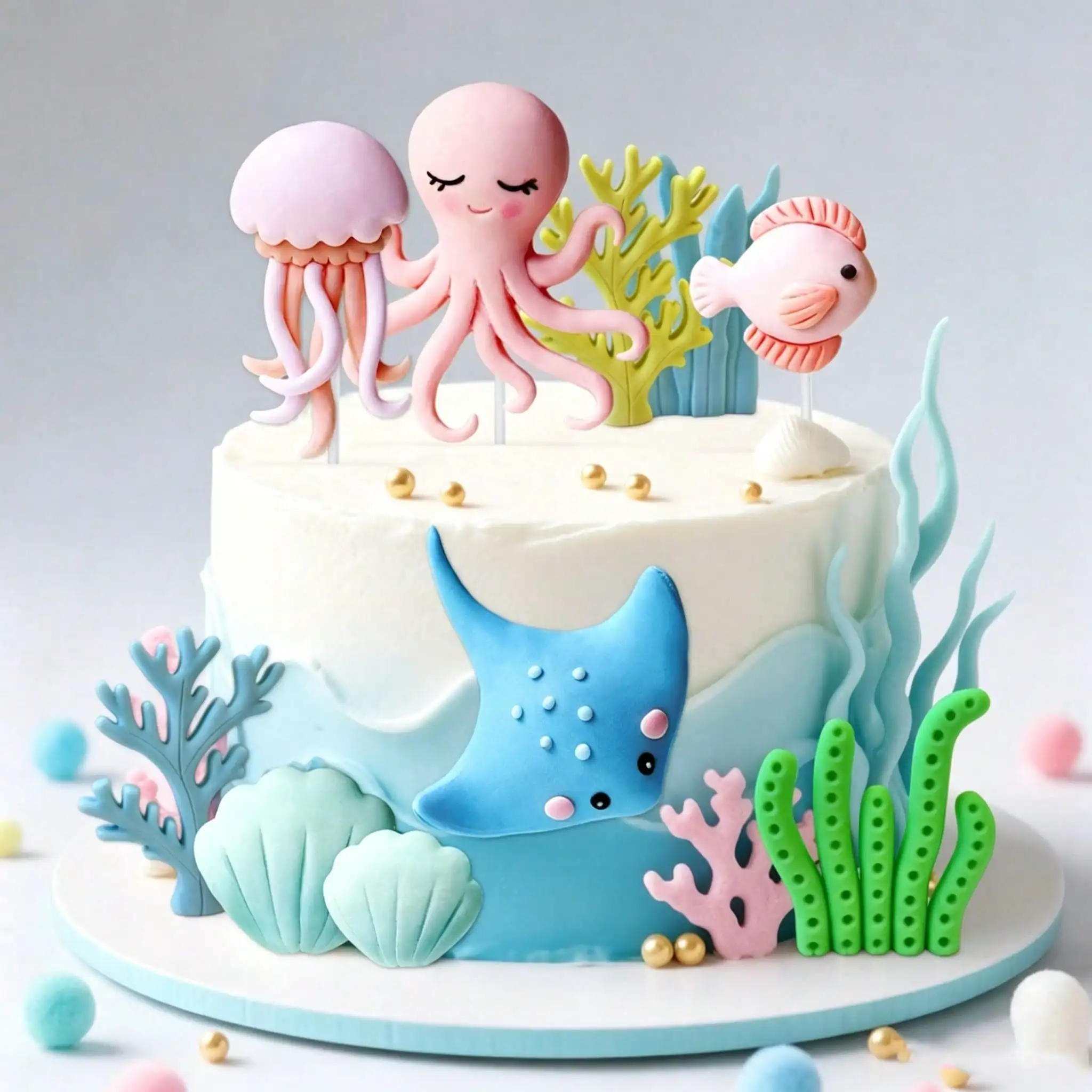 1 Set Ozean-Tier-Kuchendekoration Oktopus Delfin Qualle Koralle Muschel Unterwasser-Thema Kinder Dessert-Deko Zubehör – Detail 3