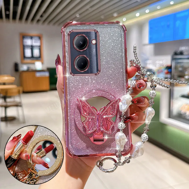 Étui avec support de téléphone papillon, sangle à paillettes, pour Oppo Realme 5 C11 C15 C17 C20 C30 C31 C33 C35 C53 C55 C61 C63 C75 13 Pro +