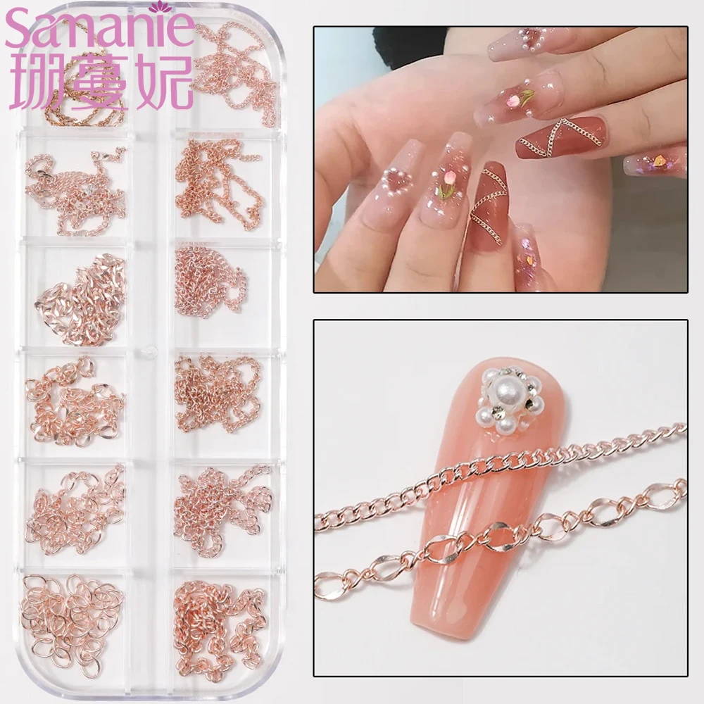 12grids/box Mixed Chain Rivet Nail Art Jewelry 3D Hollow Studs Multiple-Styles Chain Nail Decoration DIY Nail Design Supplies