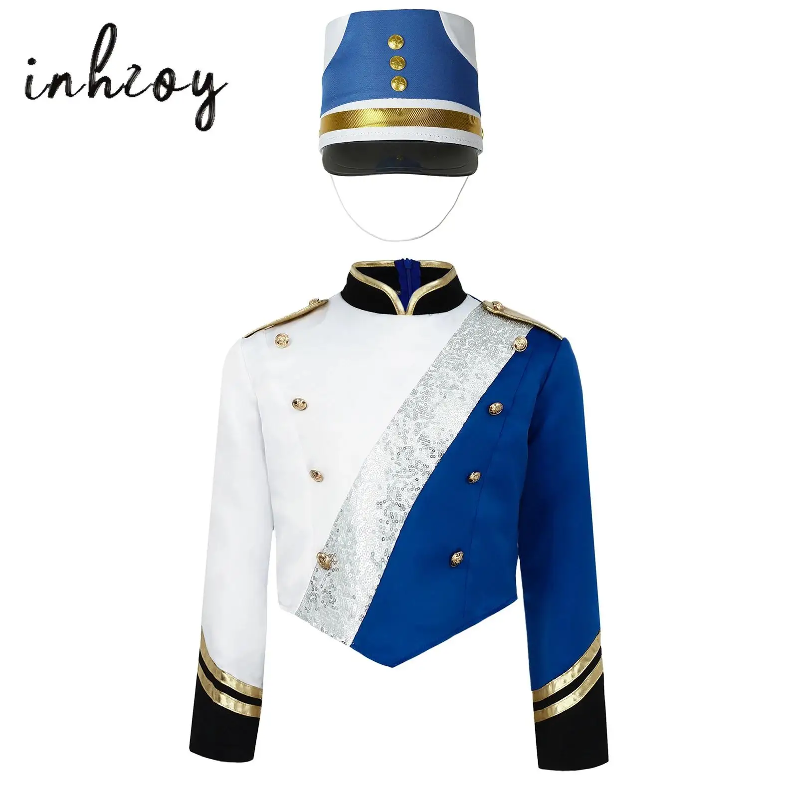 

Boys Girls Marching Band Costume Metallic Sequins Color Block Long Sleeve Jacket Top+Matched Hat for Halloween Party Cosplay