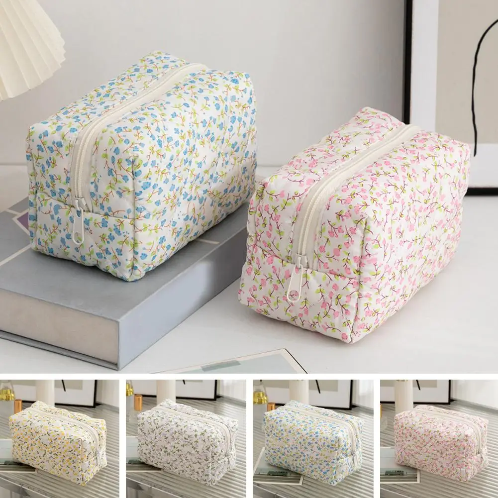 1PC Flower Printed Puffy Quilted Zipper Makeup Bag Storage Organizer Toiletry Handbag Cosmetic Pouch Large Travel Cosmetic Bag