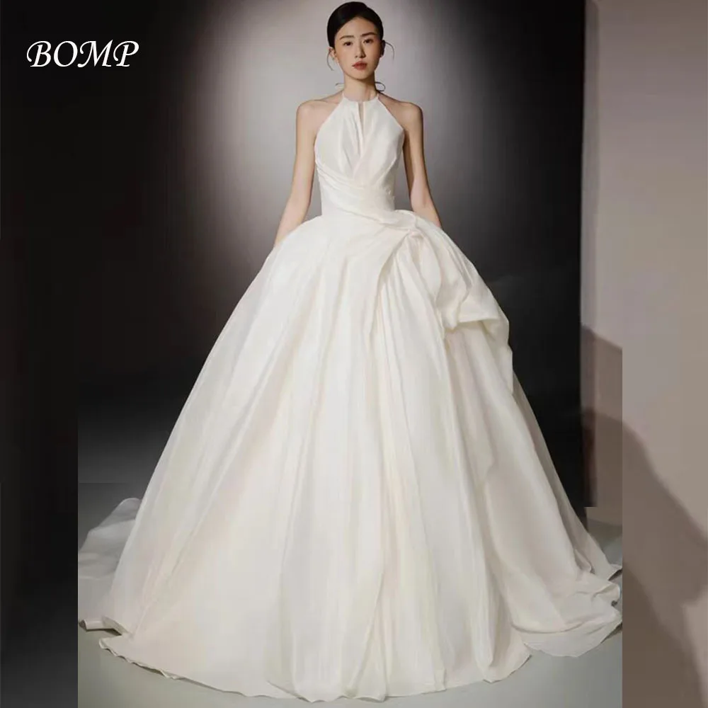 BOMP クラシックウェディングドレス ホルタープリーツ Aライン フロアレングス アイボリー オーガンザ 韓国写真撮影 ブライダルレセプションドレス カスタム エレガント