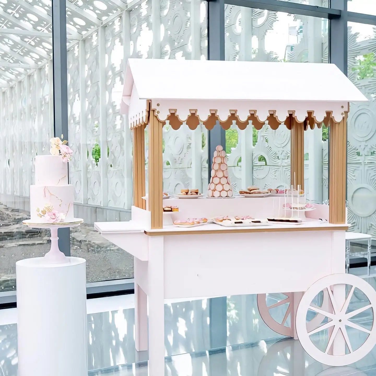 Compras en línea, carrito de dulces de flores de madera personalizado, decoración de carrito de fiesta de postre de Navidad para niños y bodas