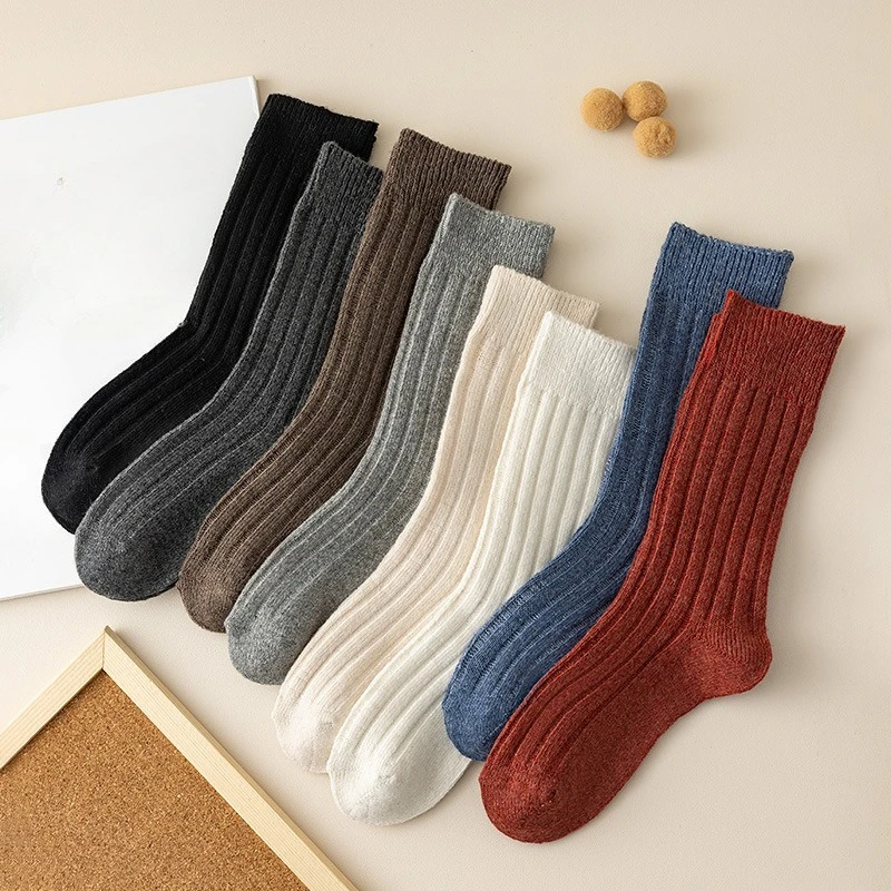 

8 pairs of women's wool socks in autumn winter solid color vertical stripes with warmth fashionable versatile mid tube socks