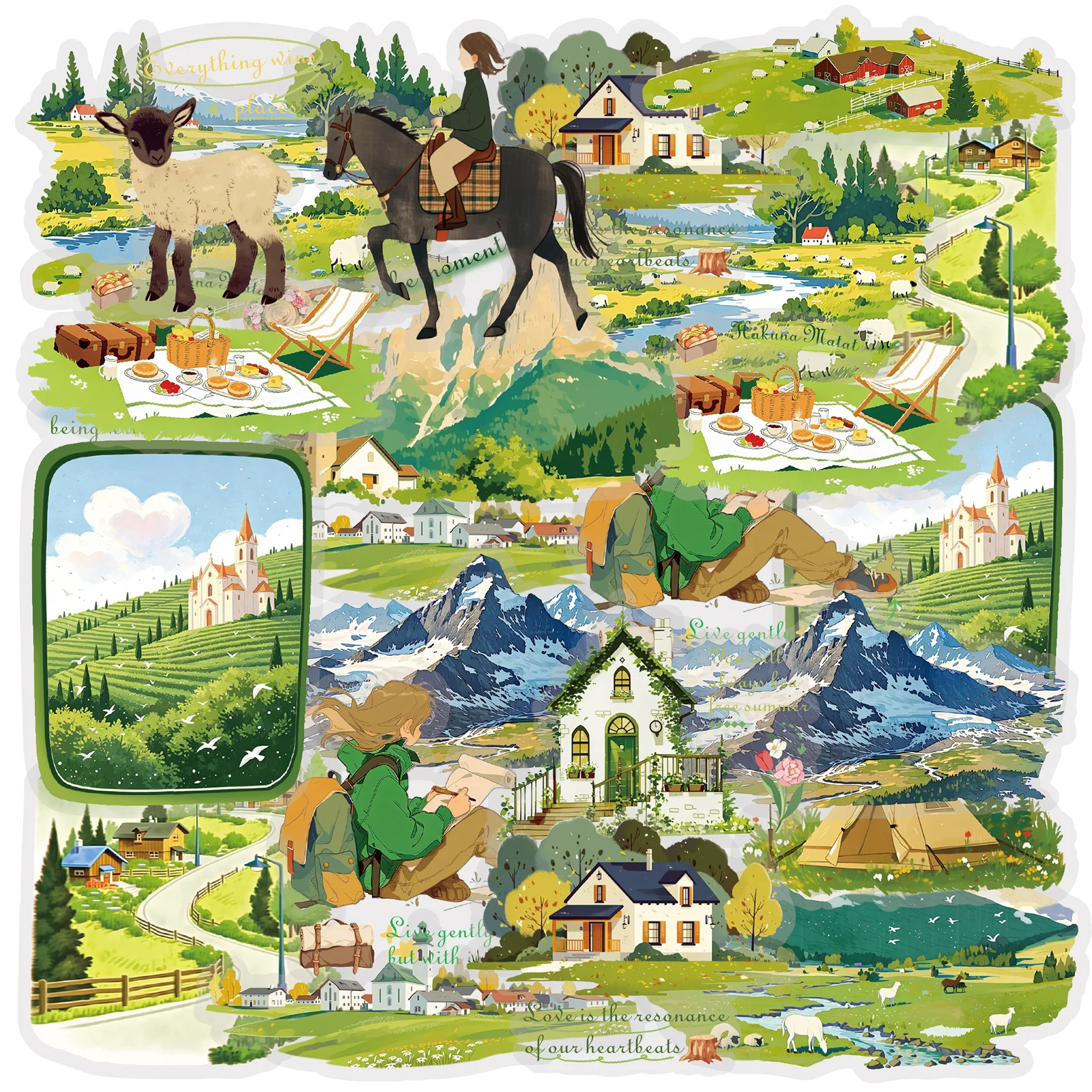 Etori Life 15Pcs Alpine Pastoral Scenery Stickers, Stream and Sheep Outdoor Travel Art Girl Collage Materials Suitable for Student Notebooks, Phone Stickers, Photo Albums, Guitars, Suitcases, Diaries, Pencil Cases, Pen Holders, Postcards and Envelopes, Bicycles, Helmets, Scrapbook Supplies, Office Decoration Items, Artistic Aesthetics, School Supplies, Back-To-School Season