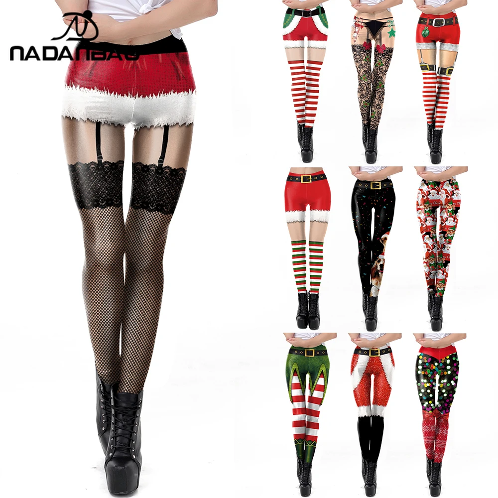 Nadanbao مثير عيد الميلاد الجوارب طباعة طماق المرأة مضحك مخطط نمط السراويل الصيف عطلة حفلة سيدة بنطلون جوارب يوغا