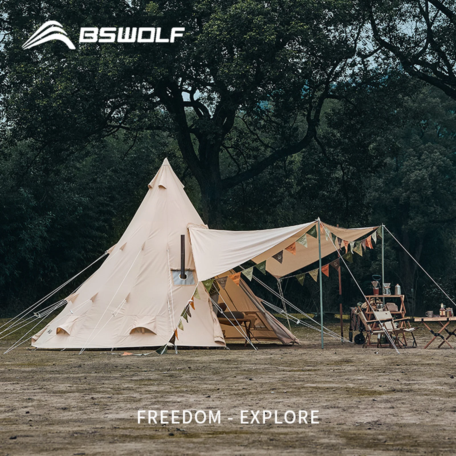 BSWOLF Large Pyramid Tent 4x4x3m Poly-cotton Canvas Teepee Tipi Tent With Chimney Opening for 3-5 Person Family Camping Hot Tent