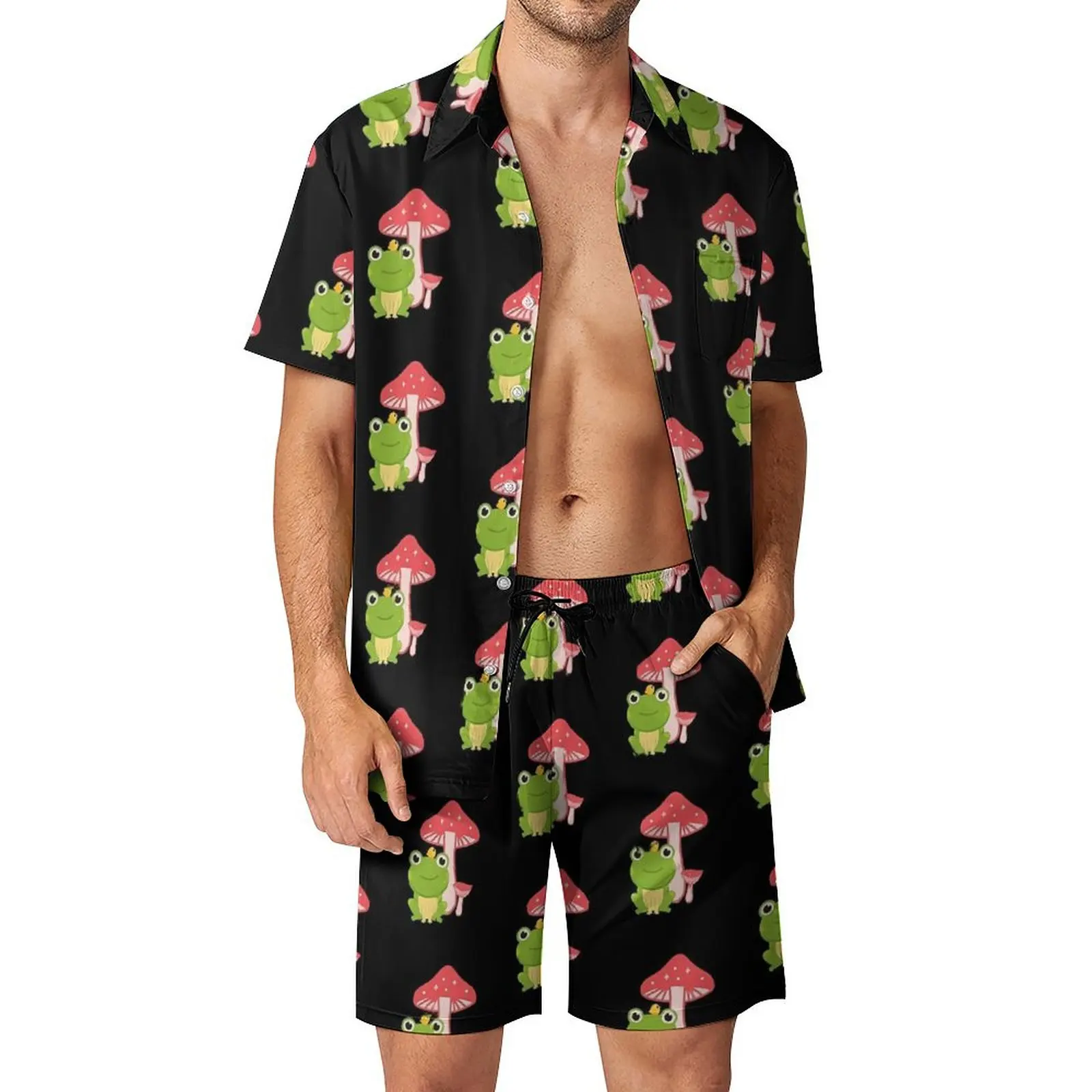 Cute Mushroom Frog Men Sets Kawaii Animal Casual Shirt Set Vintage Fitness Outdoor Shorts Summer Suit 2 Piece Clothing Plus Size