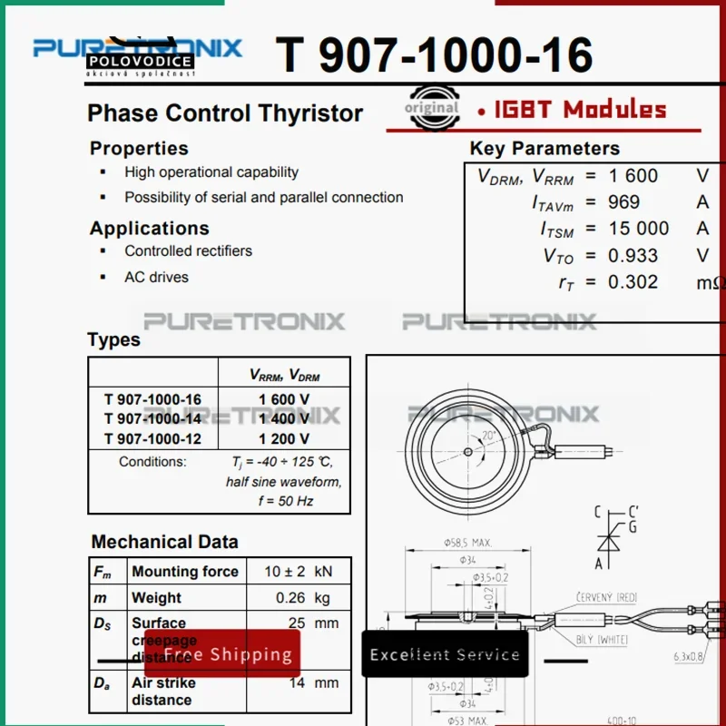 Phase Control Thyristor T 907-1000-16 (T 907-1000-16NKO)  New Original Module T907-1000-16 T907-1000-16NK