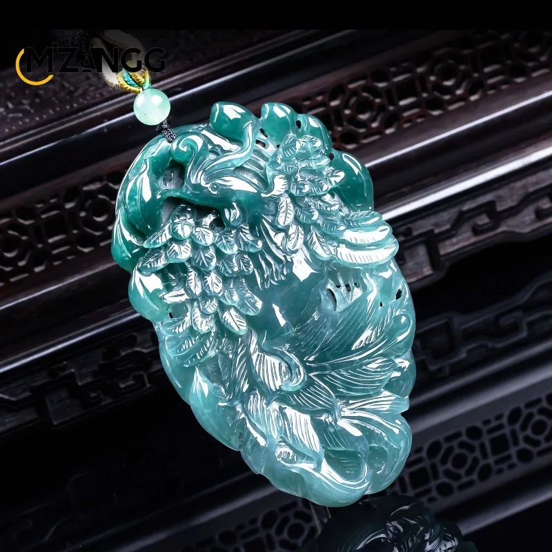 Natural Jadeite Phoenix Facing The Sun Pendant Exquisitely Carved High-end Ice-type Jade Necklace Unisex Beautiful Festival Gift