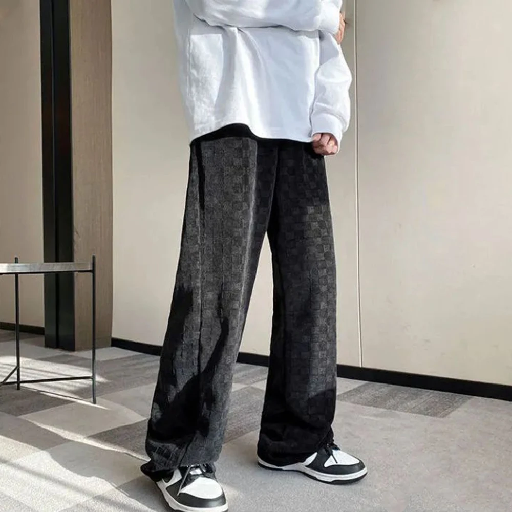 Mens Casual Street Straight Pants 2024 New Fashion Checkerboard Home Simple Comfortable Corduroy Floor-Length Trousers Unisex