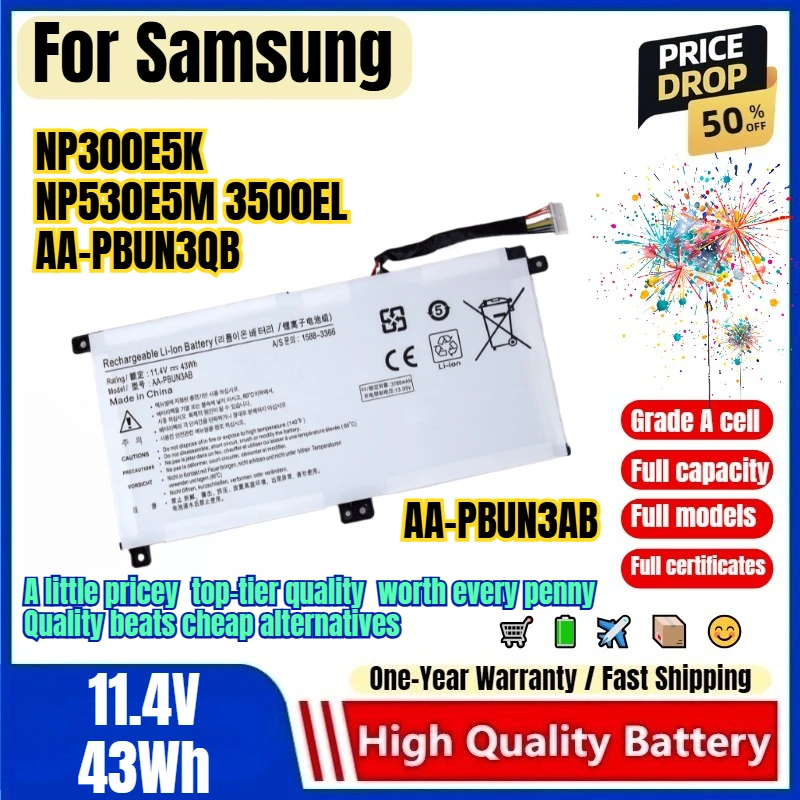 AA-PBUN3AB for Samsung NP300E5K NP530E5M 3500EL  AA-PBUN3QB Laptop Battery 0 Cycle High Capacity Battery Replacement Bateria