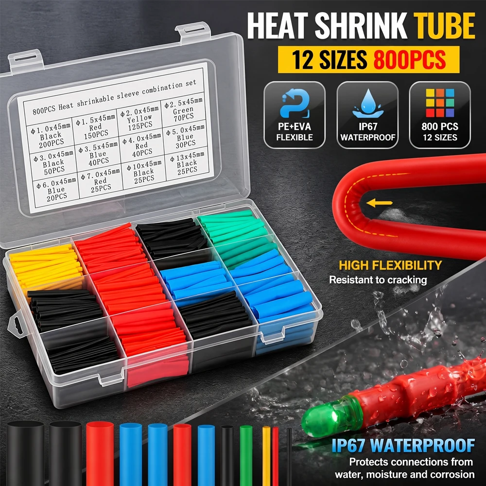 Heatshrink Tubing Kit 800/164PCS 2 To 1 Assorted 12 Sizes 1mm To 13mm 45mm Pre Cut 5 Colors For Cable Wire Repair Electrical DIY