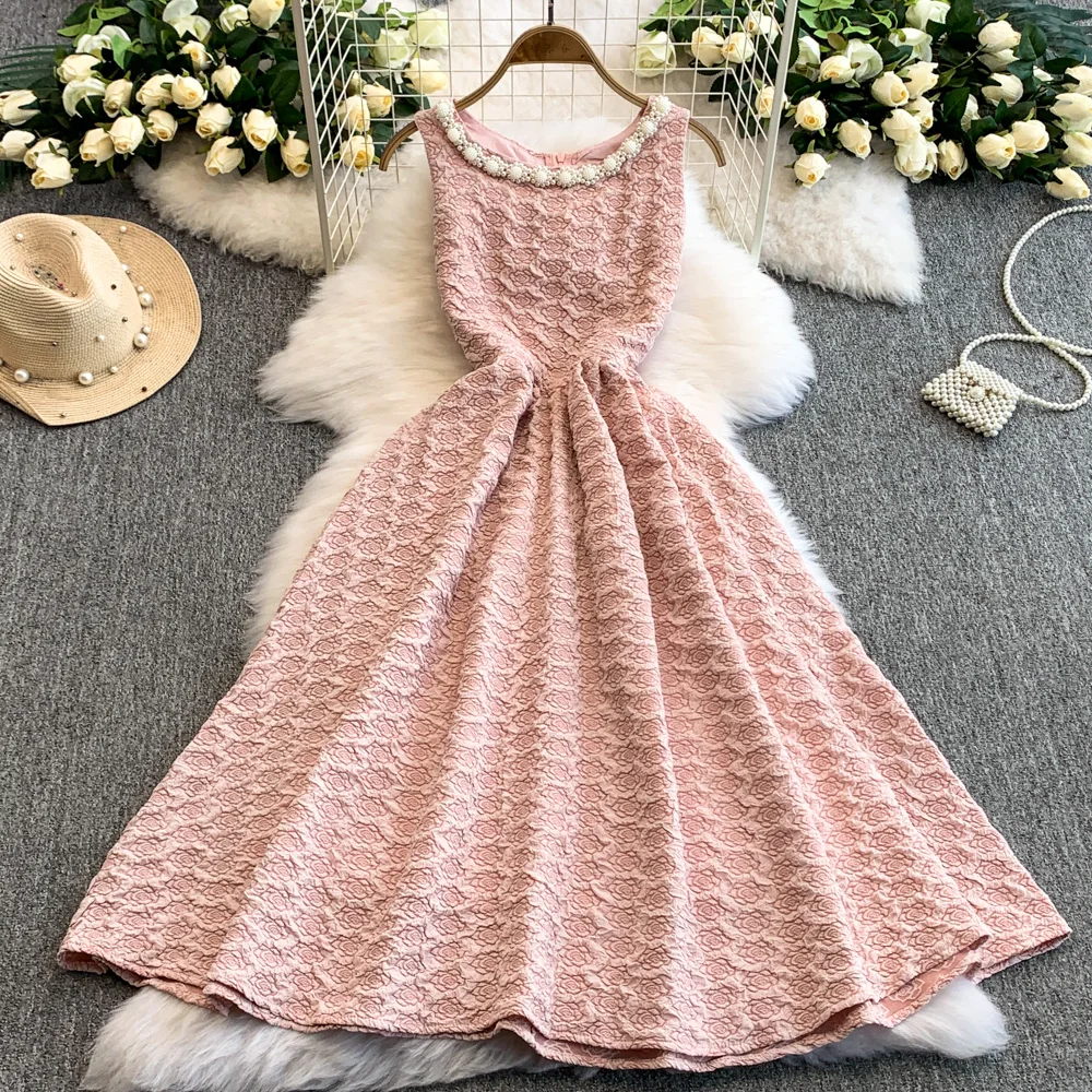 

Elegant Pink O-Neck Graduation Prom Dress High-Grade Sense Jacquard Sleeveless Princess Dresses Female Daily Date Vestidos