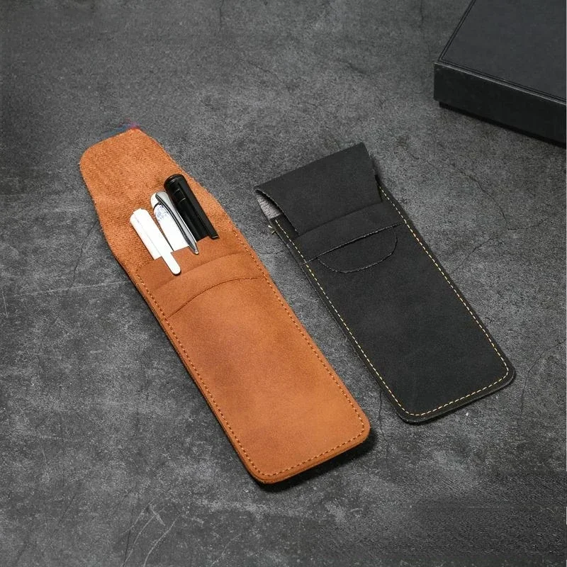 Vintage Leather Pen Case Pocket Pen Pouch Mini Stationery Organizer Bag for Students Office Women Men Business Travel