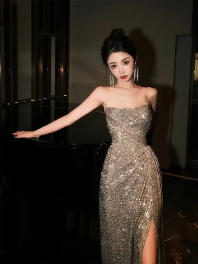 

Birthday Dress Light Luxury Minority Sequined Waist-Tight Banquet Draping Effect Tube Top