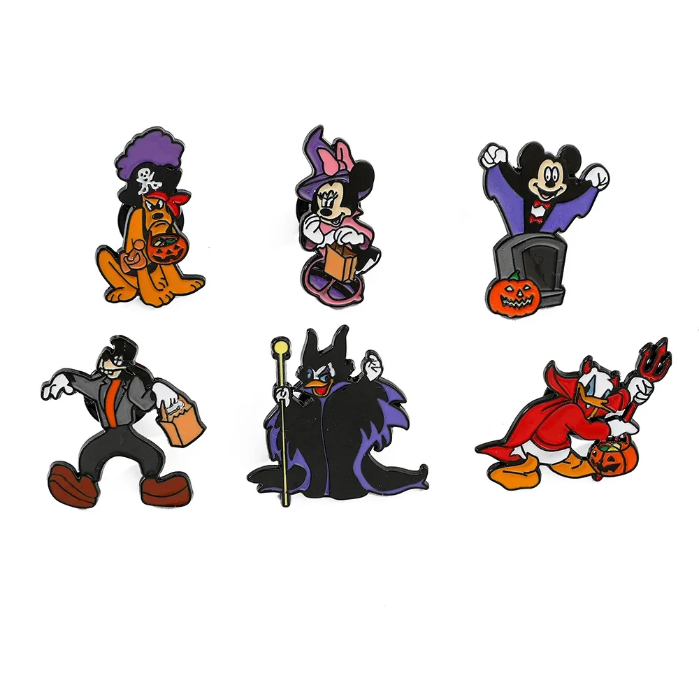 6 Pcs Cartoon Halloween Brooch Creative Witch Minnie Mouse Donald Duck Enamel Metal Badge Jewelry Clothing Backpack Accessories