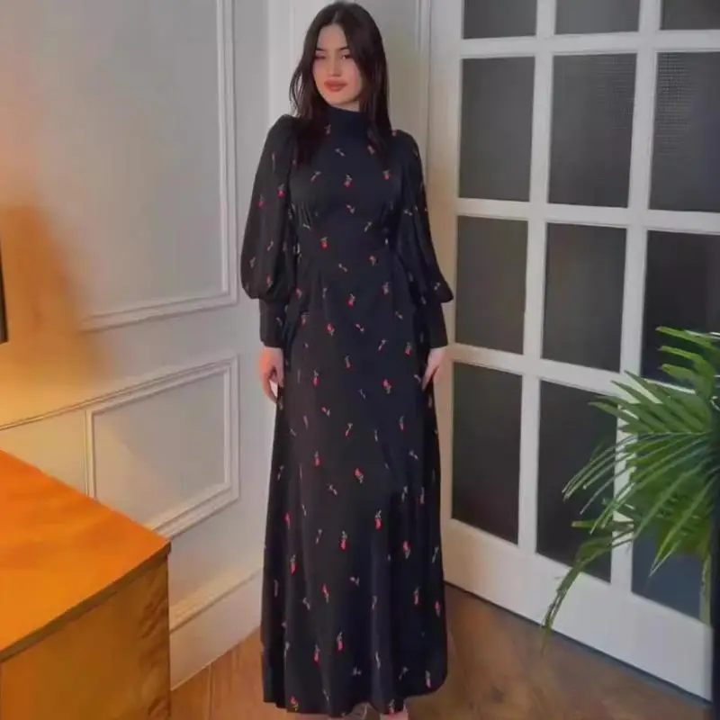 2024 Cherry Printing Elegant Lady Dress Casual Party Dresses for Woman Plus Size Female Maxi Vestidos Full Sleeves Clothing