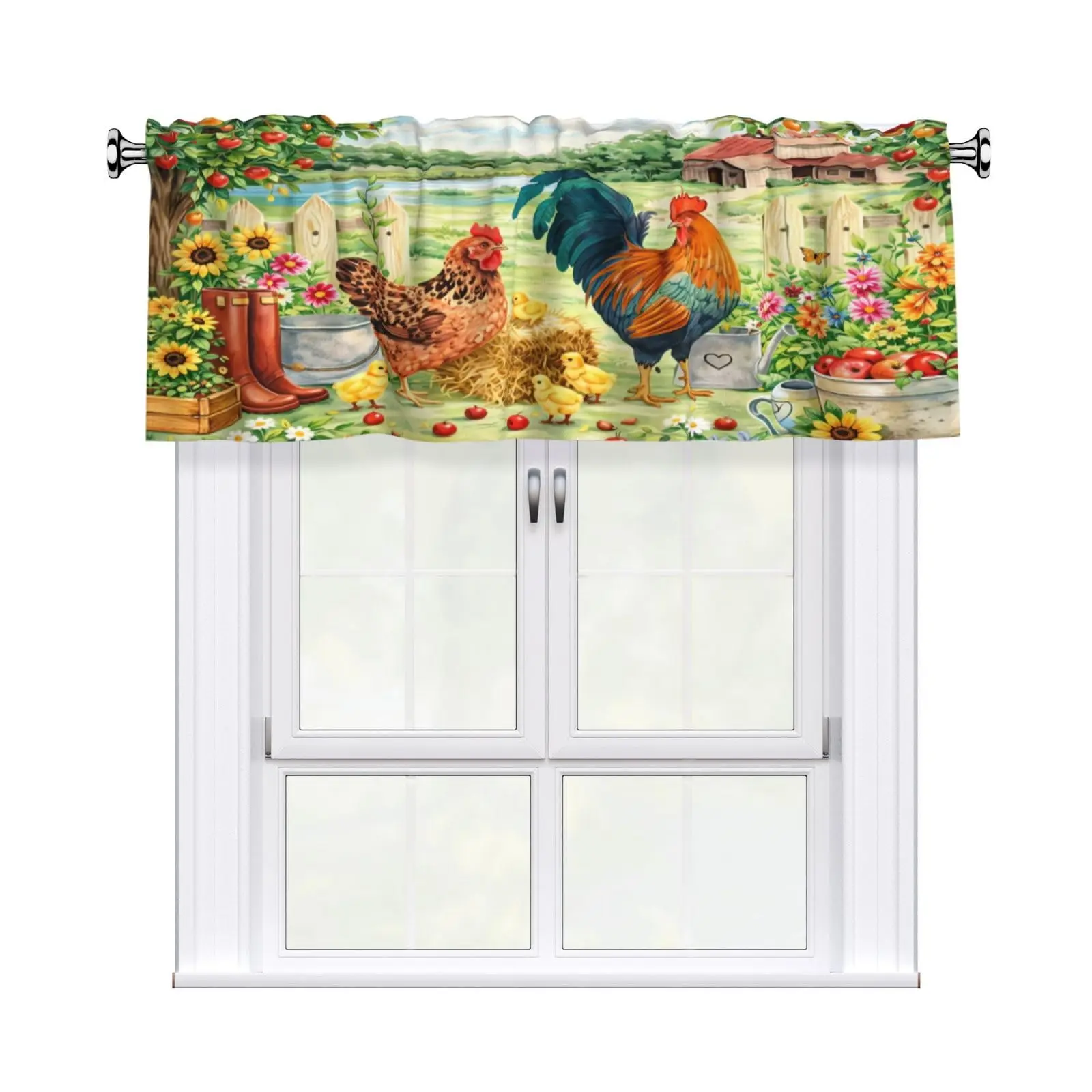 Light Filtering Rooster And Hen Valance Curtain, Rod Pocket Short Window Valance For Kitchen Bathroom Living Room,1 Panel
