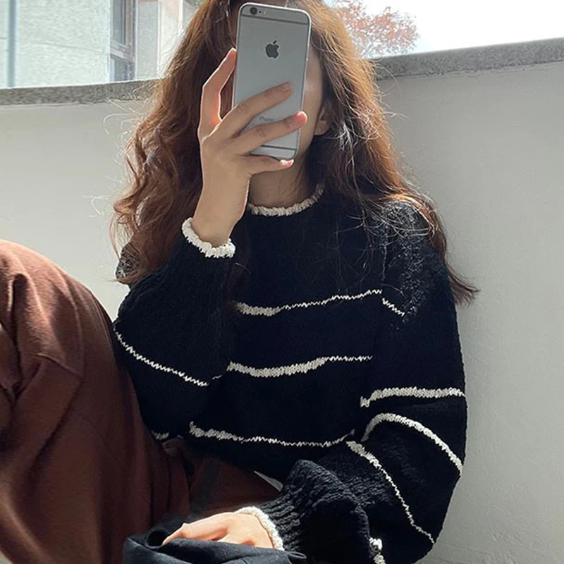 

Шикарный осенне-зимний ленивый круглый светр Ne Color Blo в полоску, свободный повседневный длинный женский свитер на голову све