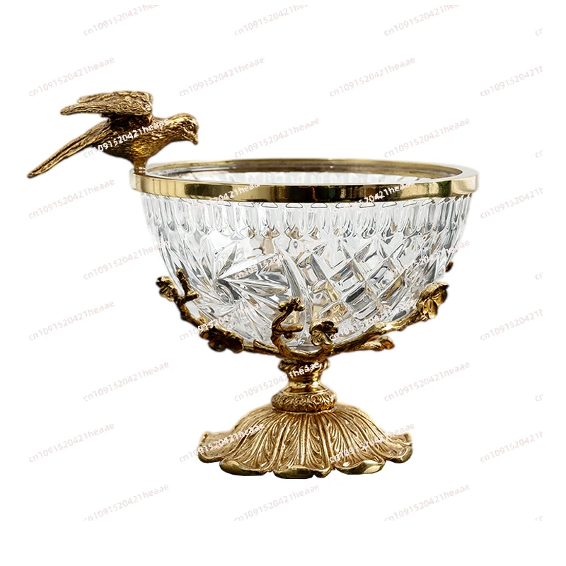 Suitable for Glass fruit plate European French light luxury coffee table household brass engraved candy bowl dried