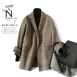 Handmade Sewn Double-sided Wool Blazers Women 2024 New Spring Autumn Plaid Woolen Overcoat Office Lady Casual Suit Coat Jacket