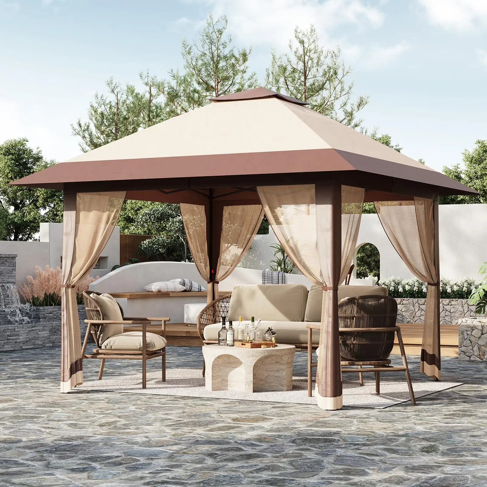 Carpa Plegable 4x4m con Toldo Impermeable, Estructura de Acero Resistente, Mosquitera, Protección UV50+, para Jardín, Patio, Fiestas, Camping