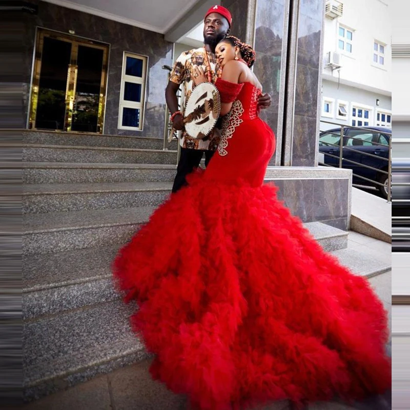 Red Aso Ebi Mermaid Prom Dresses Off The Shoulder Tiered Bottom Appliques Beads Lace Up Evening Dress Formal Party Wear