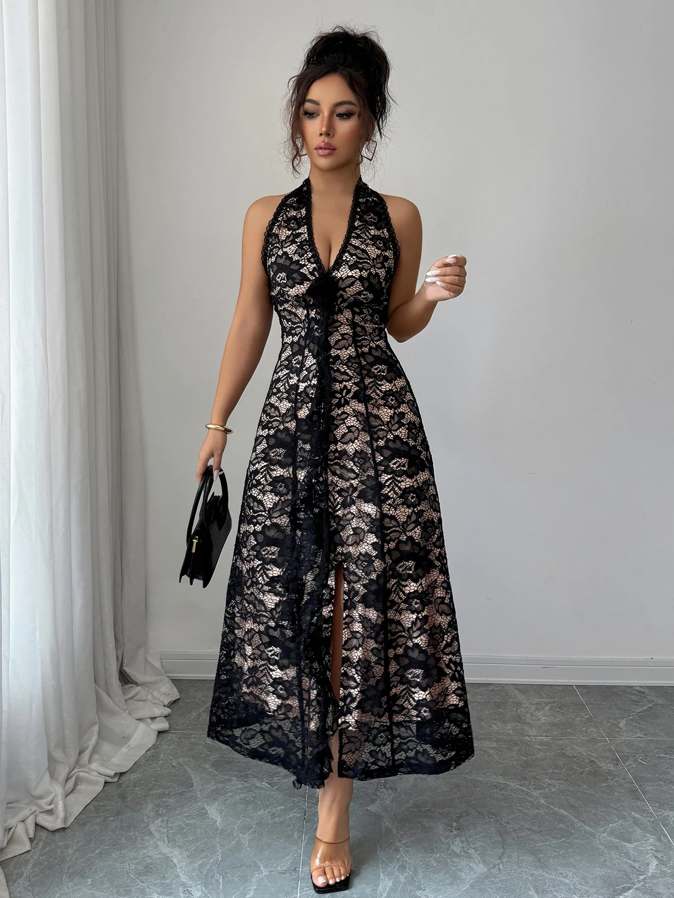 

Women's Dress Black Lace Halter Neck Maxi Dress Sleeveless Deep V Neck High Split Formal Evening Party Dress Prom Gown